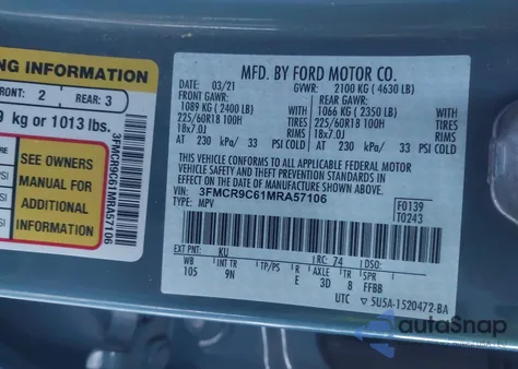 2021 Ford Bronco Sport Outer Banks from USA, damaged, VIN 3FMCR9C61MRA57106